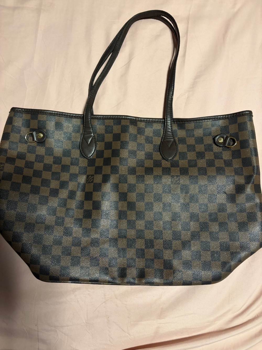 Fashion Bag Brown Checker Tote Bag with Black Handles